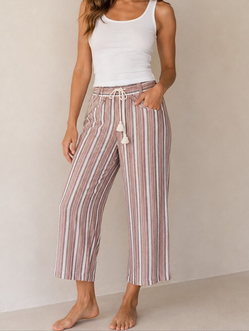 REWIND Striped Drawstring Linen Wide Leg High Waist Beach Pants XL